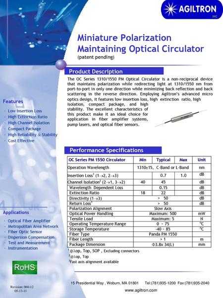 Miniature Polarization Maintaining Optical Circulator (patent pending)
