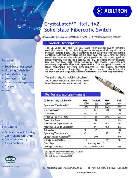 CrystaLatchTM 1x1, 1x2, Solid-State Fiberoptic Switch