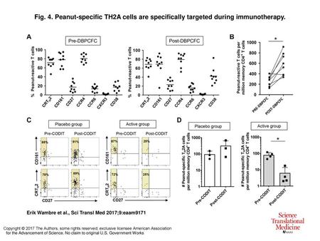 Fig. 4. Peanut-specific TH2A cells are specifically targeted during immunotherapy. Peanut-specific TH2A cells are specifically targeted during immunotherapy.