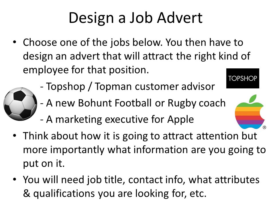Design a Job Advert Choose one of the jobs below. You then have to design  an advert that will attract the right kind of employee for that position. -  Topshop. - ppt download