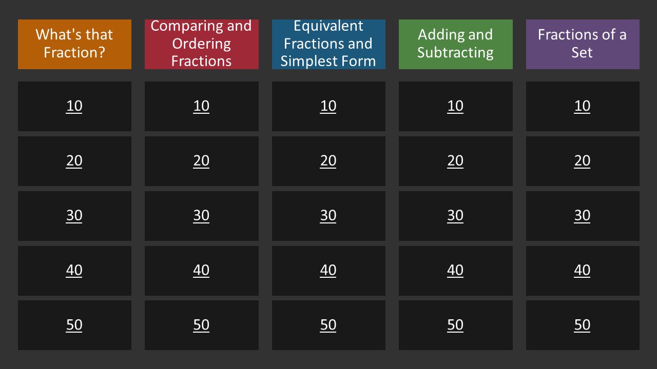 What's that Fraction? 10 20 30 40 50 Comparing and Ordering Fractions 10 20  30 40 50 Equivalent Fractions and Simplest Form 10 20 30 40 50 Adding and  Subtracting. - ppt download