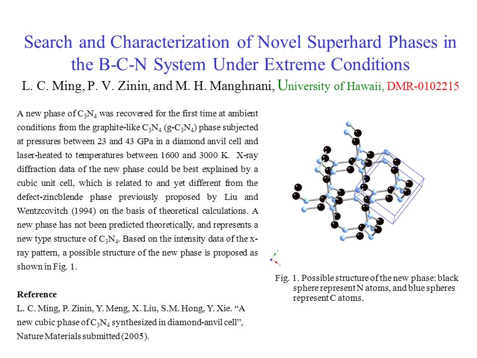 Search And Characterization Of Novel Superhard Phases In The B C N System Under Extreme Conditions L C Ming P V Zinin And M H Manghnani U Niversity Ppt Download