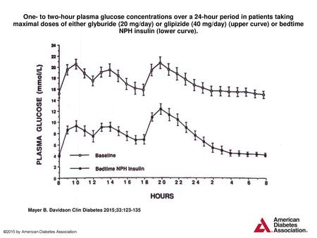 One- to two-hour plasma glucose concentrations over a 24-hour period in patients taking maximal doses of either glyburide (20 mg/day) or glipizide (40.