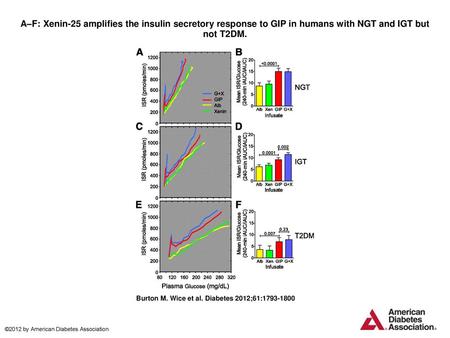 A–F: Xenin-25 amplifies the insulin secretory response to GIP in humans with NGT and IGT but not T2DM. A–F: Xenin-25 amplifies the insulin secretory response.