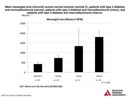 Mean mesangial area (micron2) across normal controls (normal C), patients with type 2 diabetes and normoalbuminuria (normo), patients with type 2 diabetes.