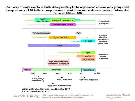 Summary of major events in Earth history relating to the appearance of eukaryotic groups and the appearance of O2 in the atmosphere and in marine environments.