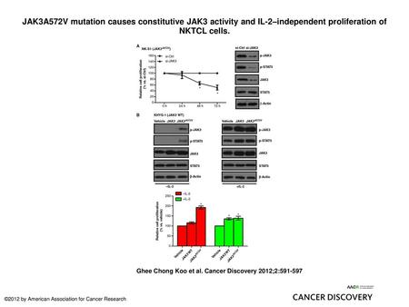 JAK3A572V mutation causes constitutive JAK3 activity and IL-2–independent proliferation of NKTCL cells. JAK3A572V mutation causes constitutive JAK3 activity.