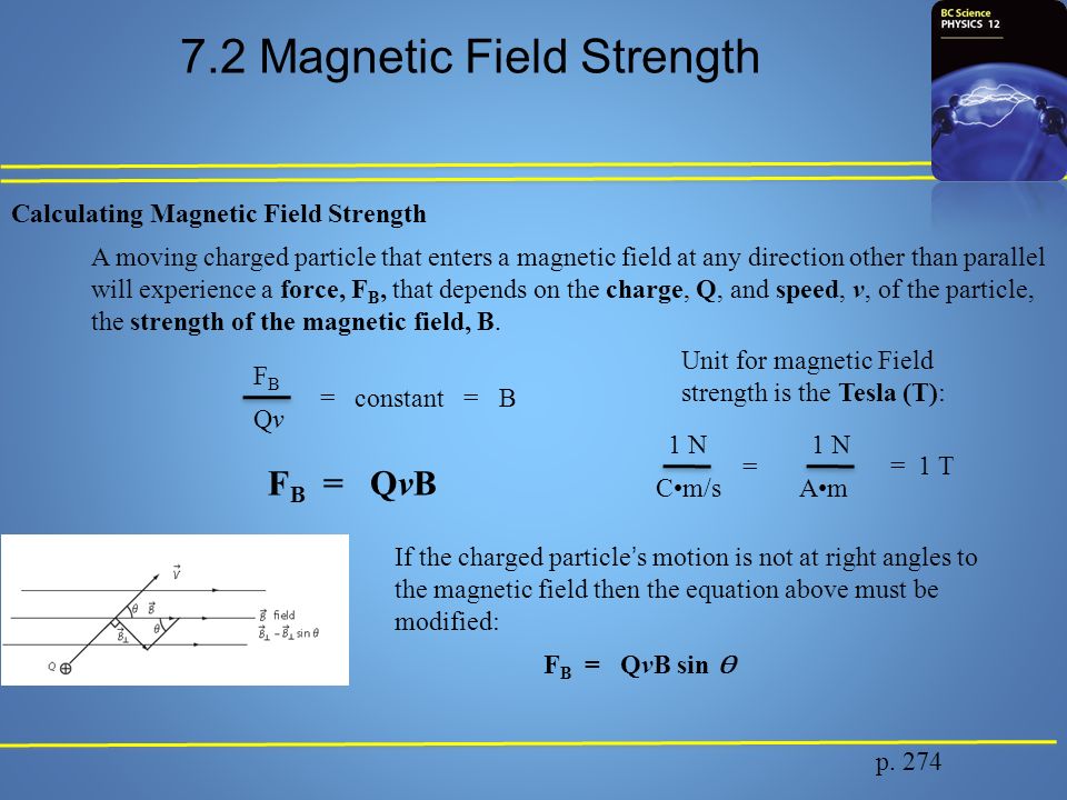 7.2 Magnetic Field Strength p. 274 Calculating Magnetic Field Strength A  moving charged particle that enters a magnetic field at any direction other  than. - ppt download