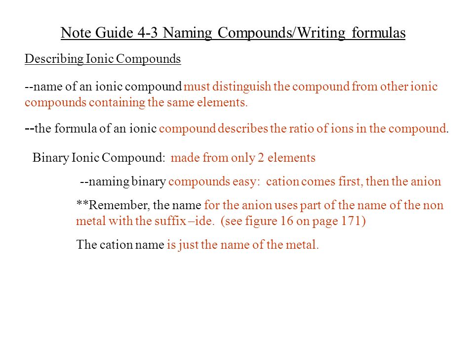 Note Guide 4 3 Naming Pounds Writing Formulas Describing Ionic Pounds Name Of An Ionic Pound Must Distinguish The Pound From Other Ionic Ppt Download