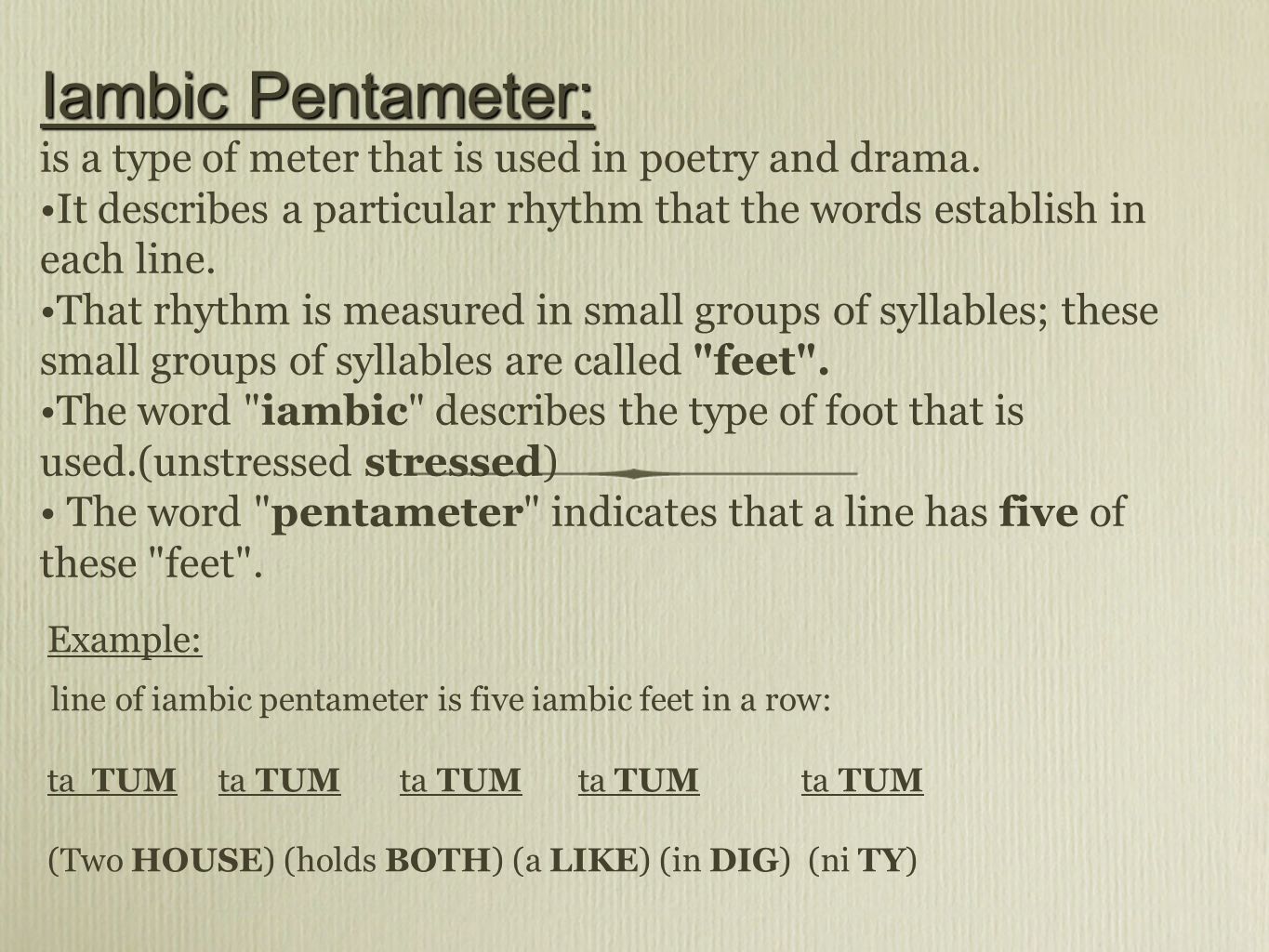 Iambic Pentameter: is a type of meter that is used in poetry and