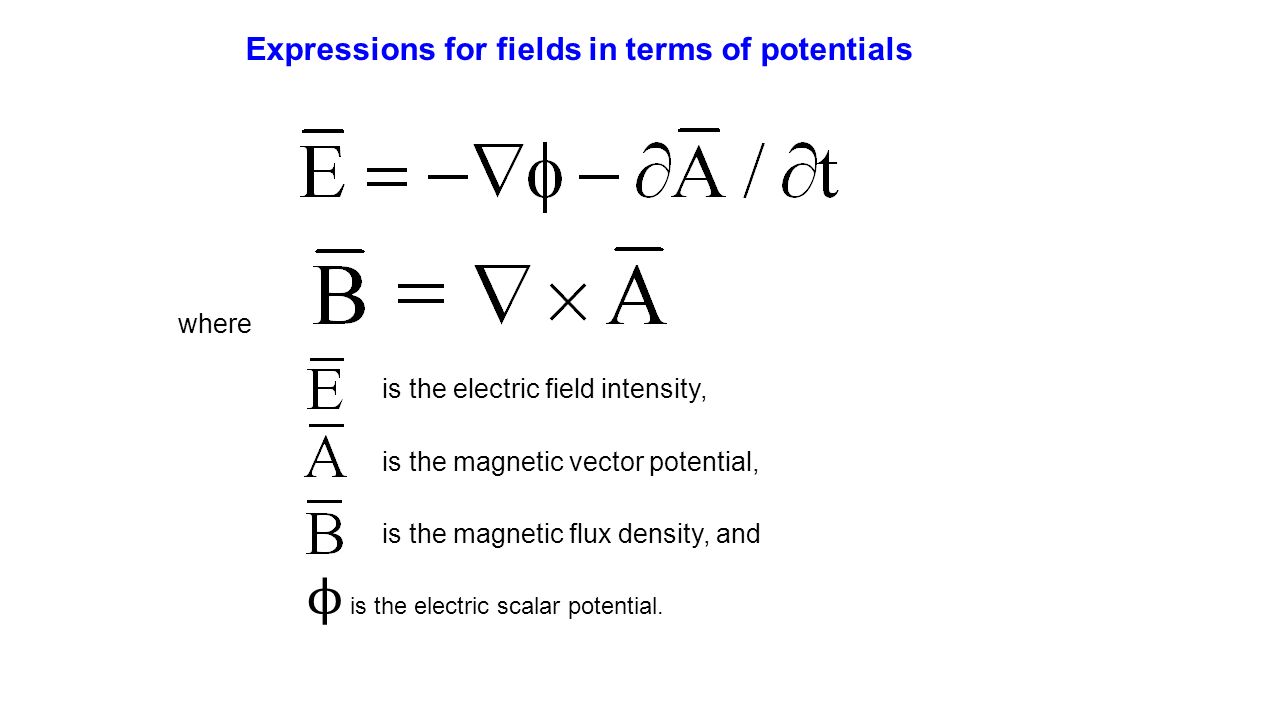 Expressions for fields in terms of potentials where is the electric field  intensity, is the magnetic flux density, and is the magnetic vector  potential, - ppt download