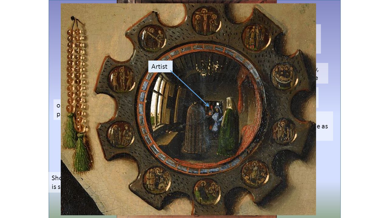 Van Eyck Arnolfini's Wedding Dog symbolizes fidelity Mirror in background  reflects the two people as well as the painter oranges symbolize purity (&  wealth) - ppt download