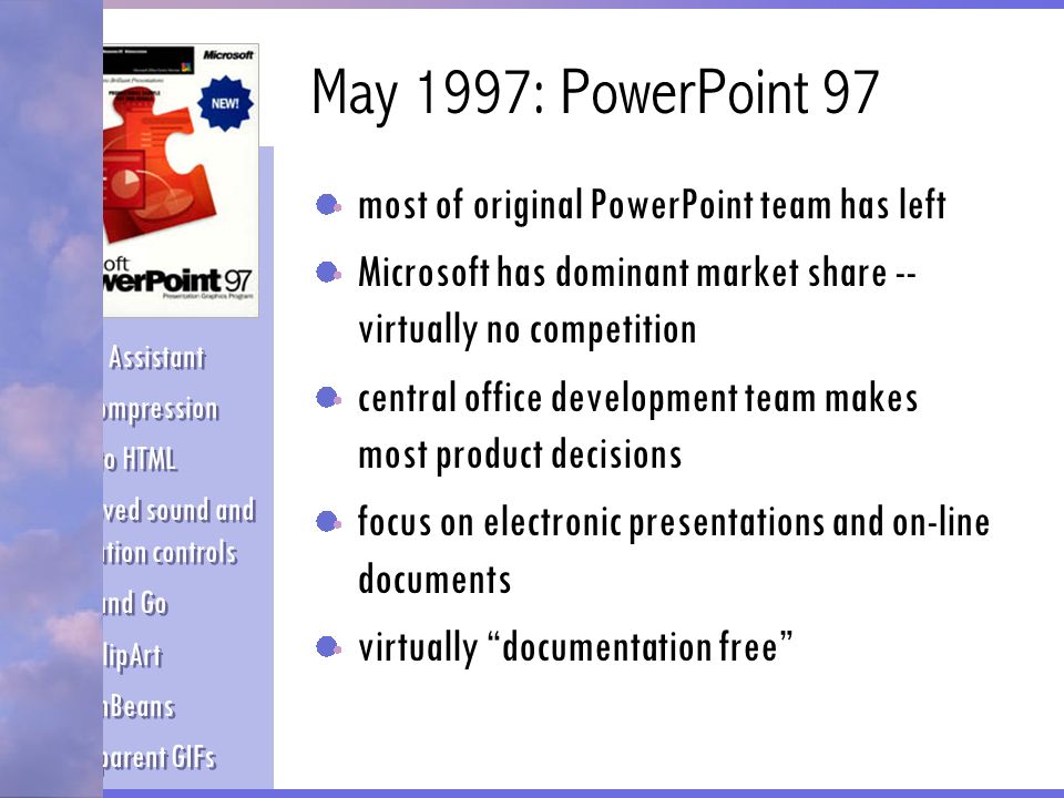 May 1997: PowerPoint 97 most of original PowerPoint team has left