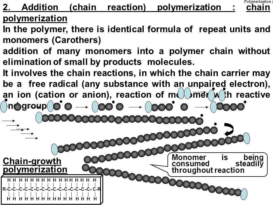 2. Addition (chain reaction) polymerization : chain polymerization