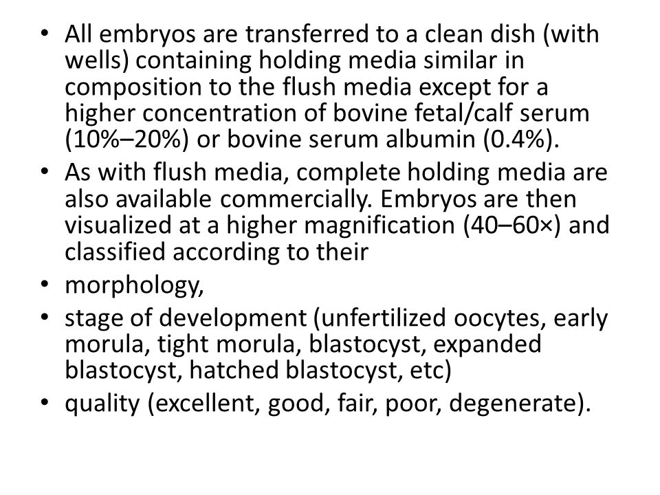 All embryos are transferred to a clean dish (with wells) containing holding media similar in composition to the flush media except for a higher concentration of bovine fetal/calf serum (10%–20%) or bovine serum albumin (0.4%).