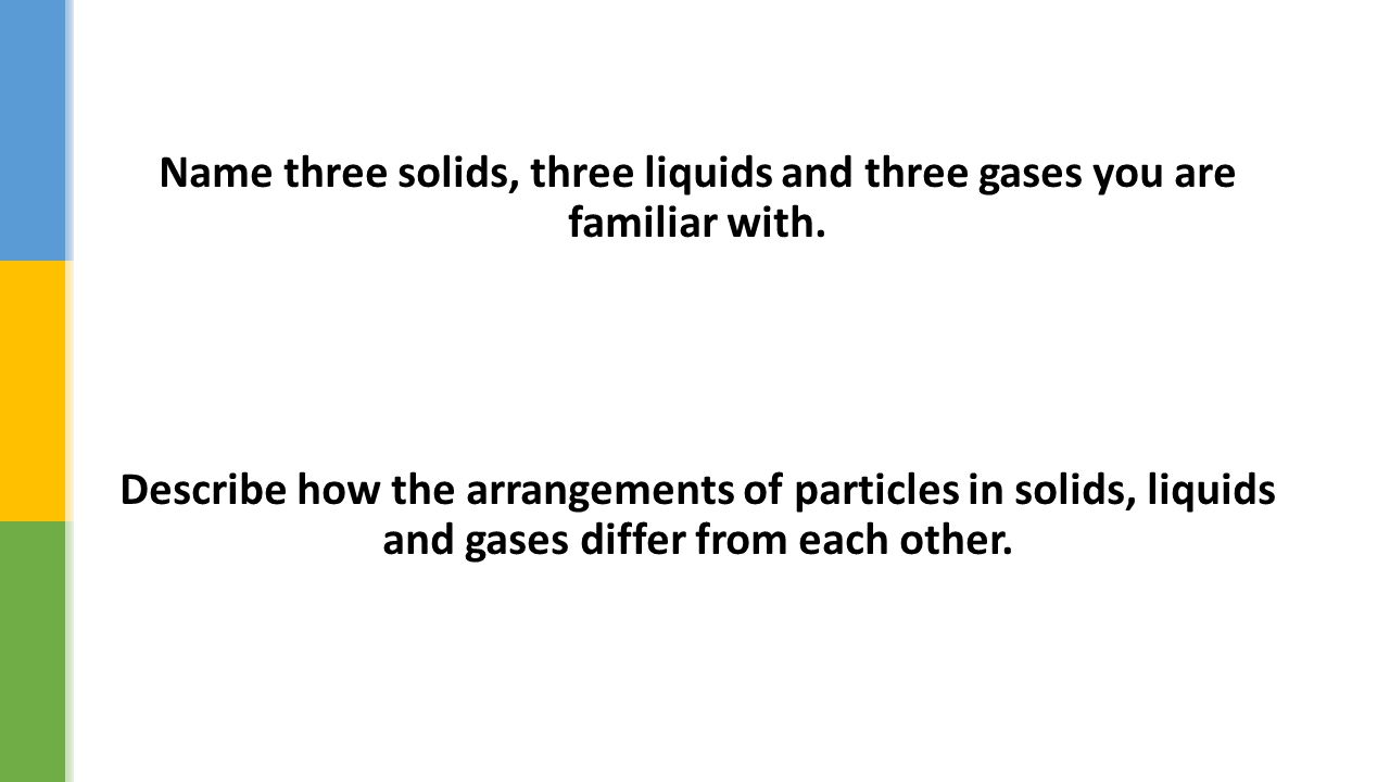 Name three solids, three liquids and three gases you are familiar with