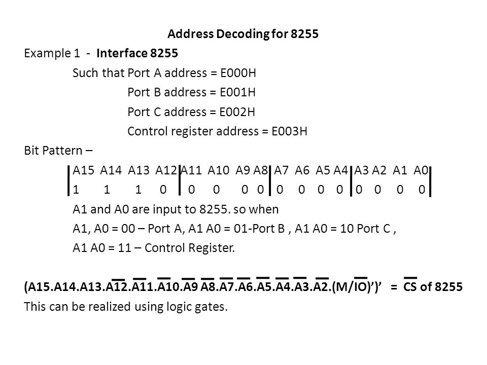 Address Decoding for 8255 Example 1 - Interface Such that Port A address = E000H. Port B address = E001H.