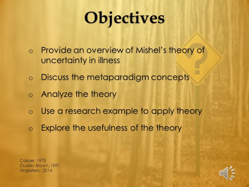 Objectives Provide an overview of Mishel’s theory of uncertainty in illness. Discuss the metaparadigm concepts.