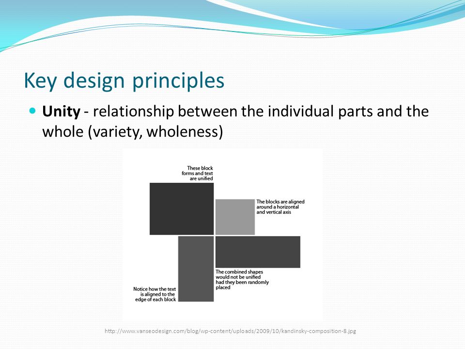 Key design principles Unity - relationship between the individual parts and the whole (variety, wholeness)