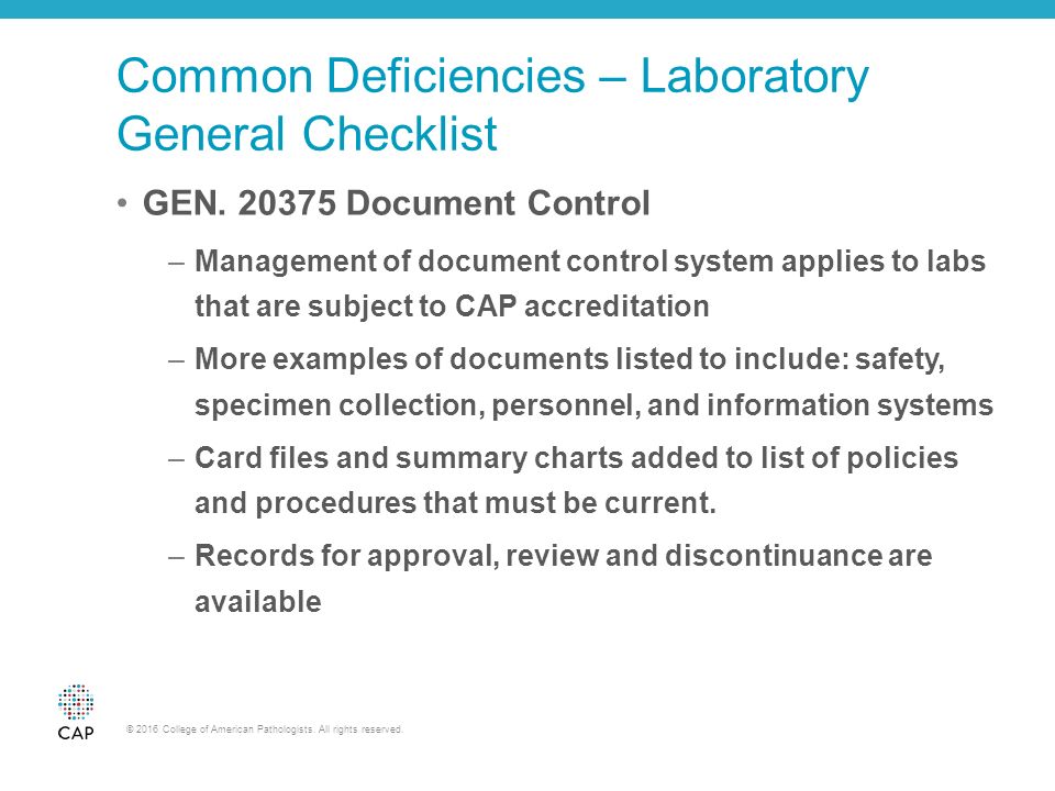 college of american pathologists checklist