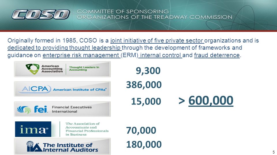 Originally formed in 1985, COSO is a joint initiative of five private sector organizations and is dedicated to providing thought leadership through the development of frameworks and guidance on enterprise risk management (ERM) internal control and fraud deterrence.