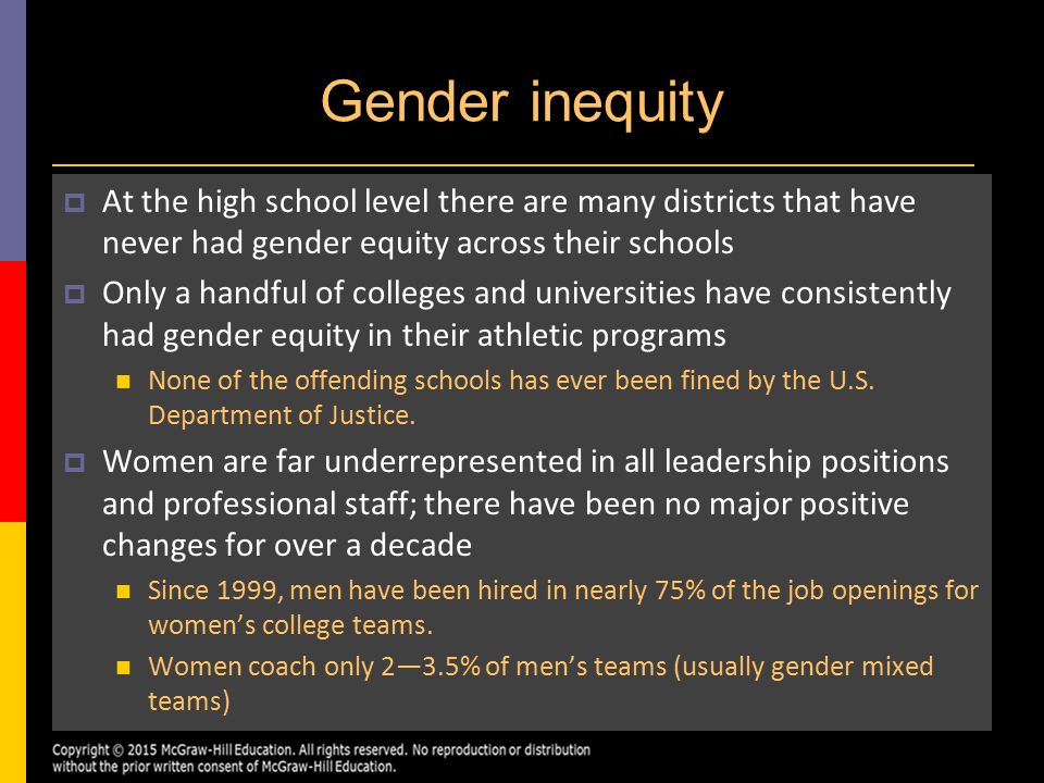 Gender inequity At the high school level there are many districts that have never had gender equity across their schools.