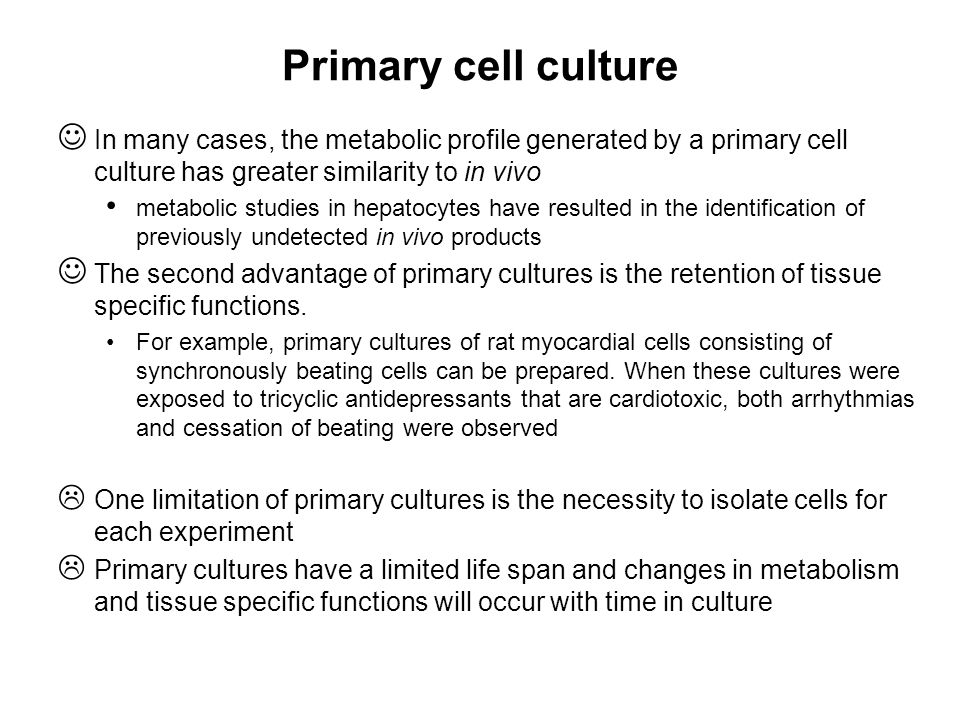 Primary cell culture In many cases, the metabolic profile generated by a primary cell culture has greater similarity to in vivo.