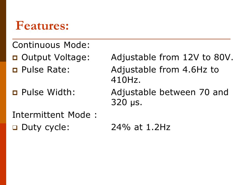 Features: Continuous Mode: Output Voltage: Adjustable from 12V to 80V.