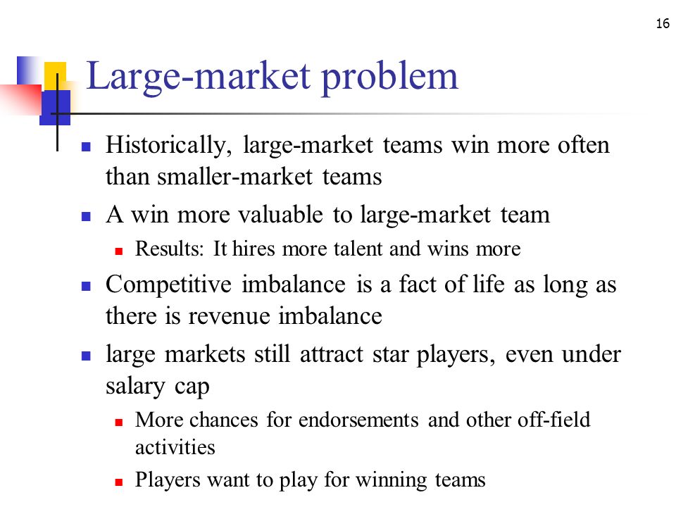Large-market problem Historically, large-market teams win more often than smaller-market teams. A win more valuable to large-market team.