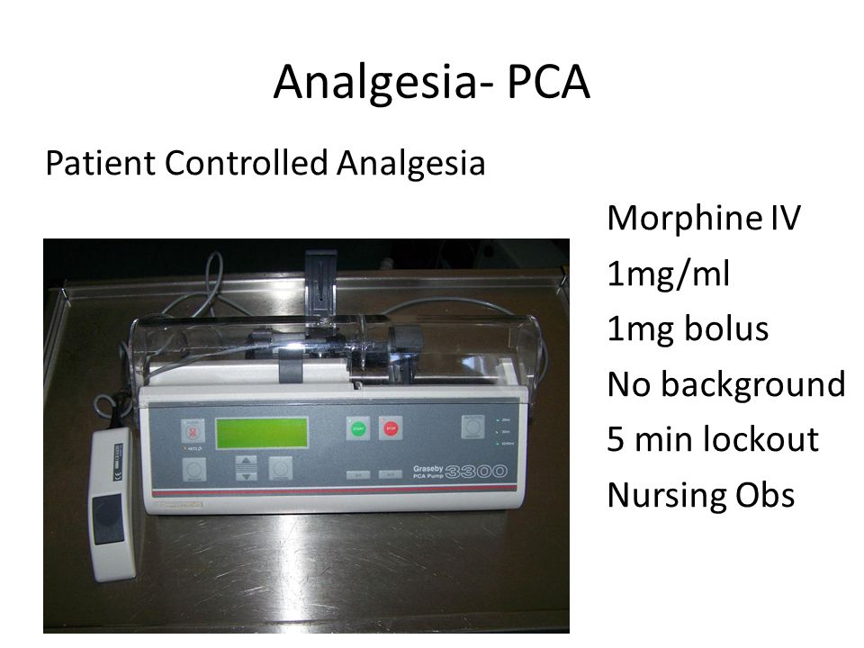 Analgesia- PCA Patient Controlled Analgesia Morphine IV 1mg/ml §§ 1mg bolus No background 5 min lockout Nursing Obs