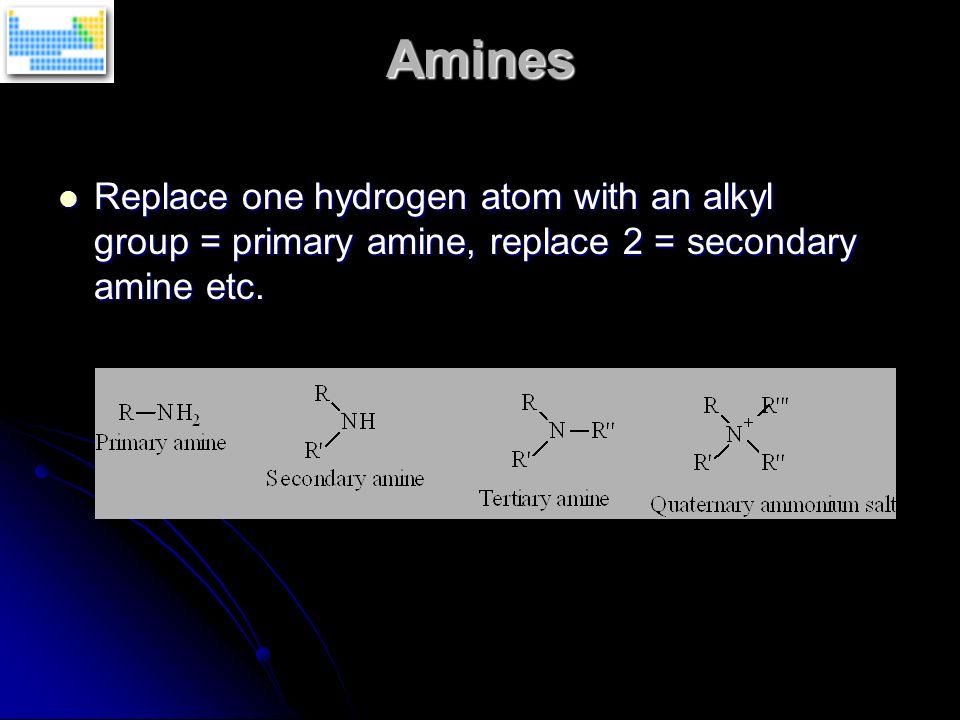 Amines Replace one hydrogen atom with an alkyl group = primary amine, replace 2 = secondary amine etc.