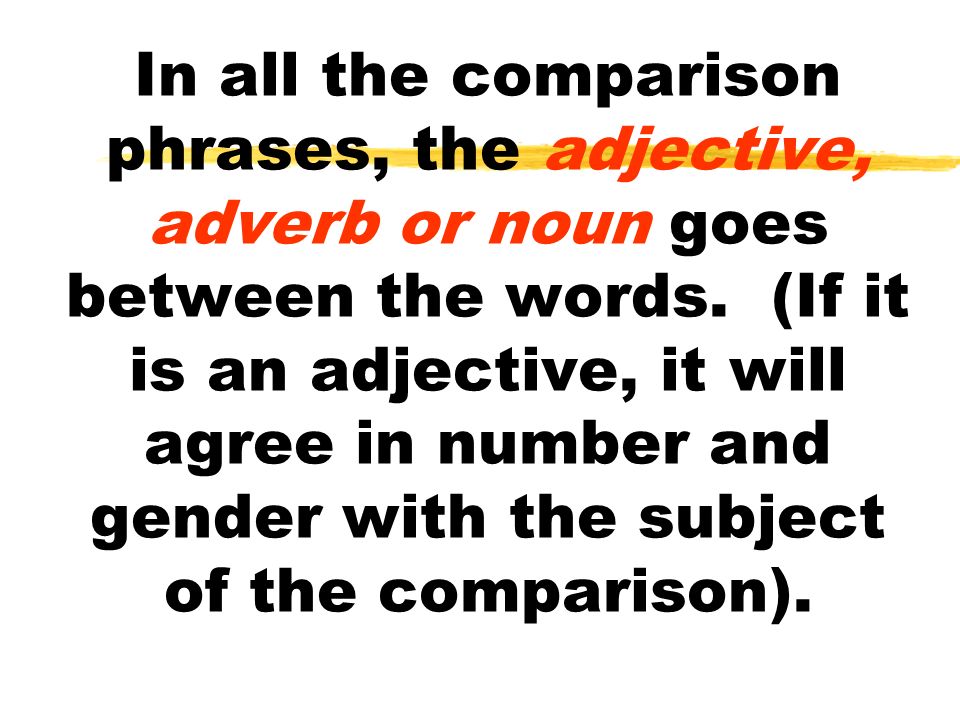 In all the comparison phrases, the adjective, adverb or noun goes between the words.