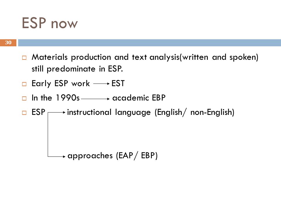 ESP now Materials production and text analysis(written and spoken) still predominate in ESP. Early ESP work EST.