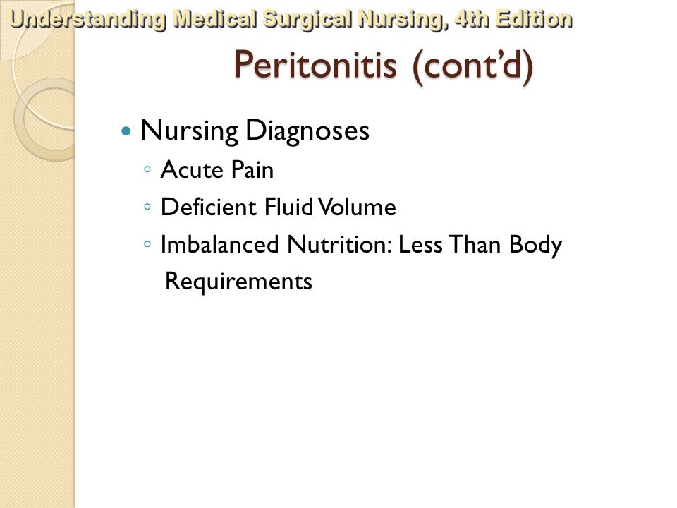 Peritonitis (cont’d) Nursing Diagnoses Acute Pain