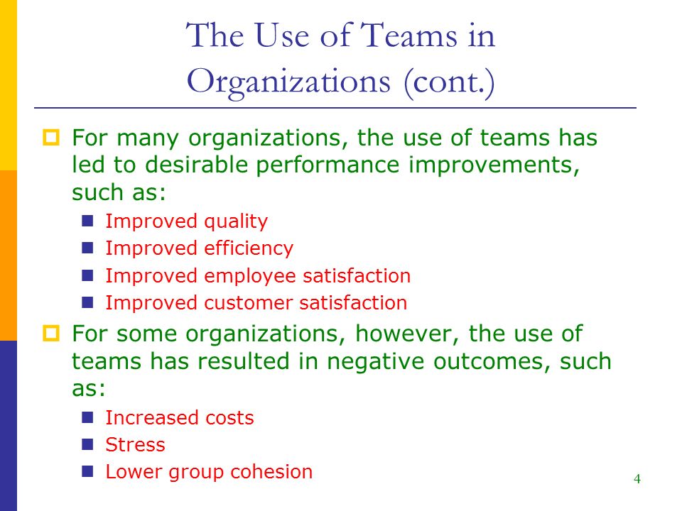 The Use of Teams in Organizations (cont.)