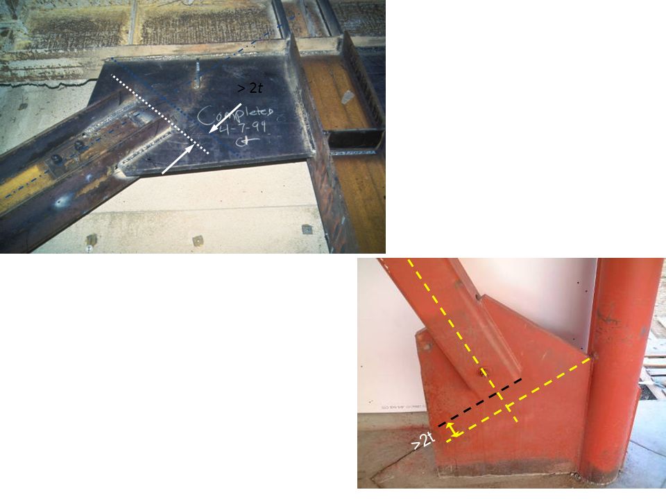 > 2t >2t Examples of brace connections detailed with fold lines.