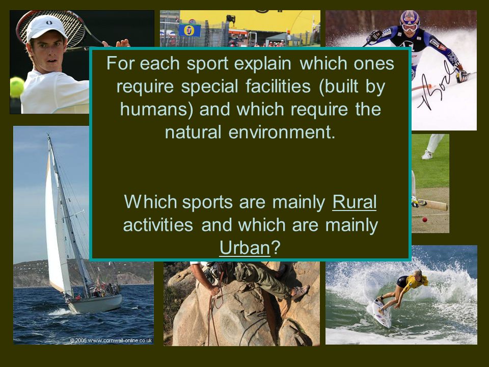 Which sports are mainly Rural activities and which are mainly Urban
