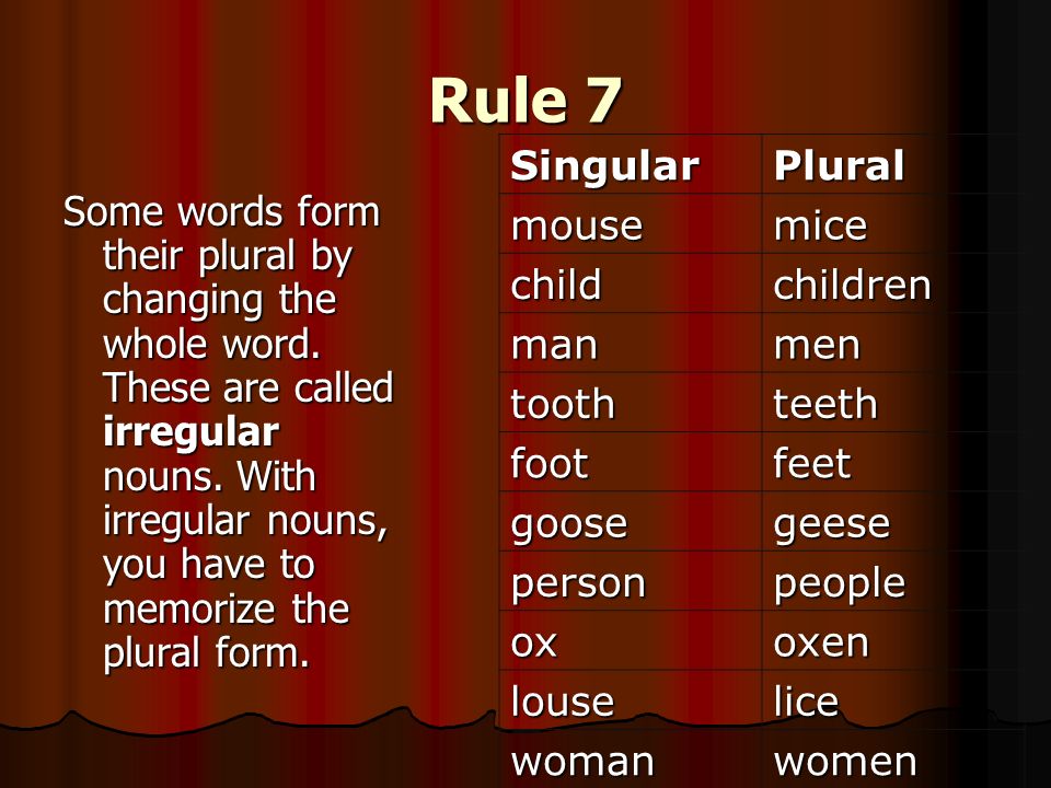 Singular plural правило. Plural Nouns исключения.