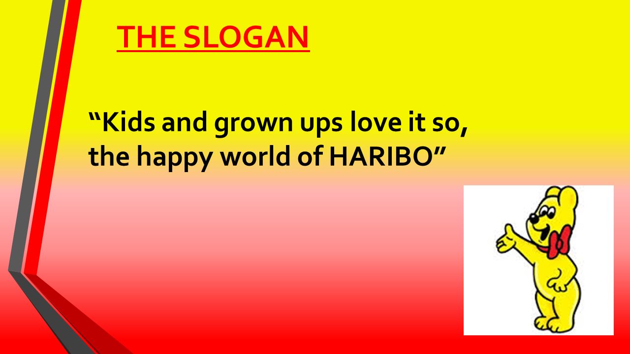THE SLOGAN Kids and grown ups love it so, the happy world of HARIBO
