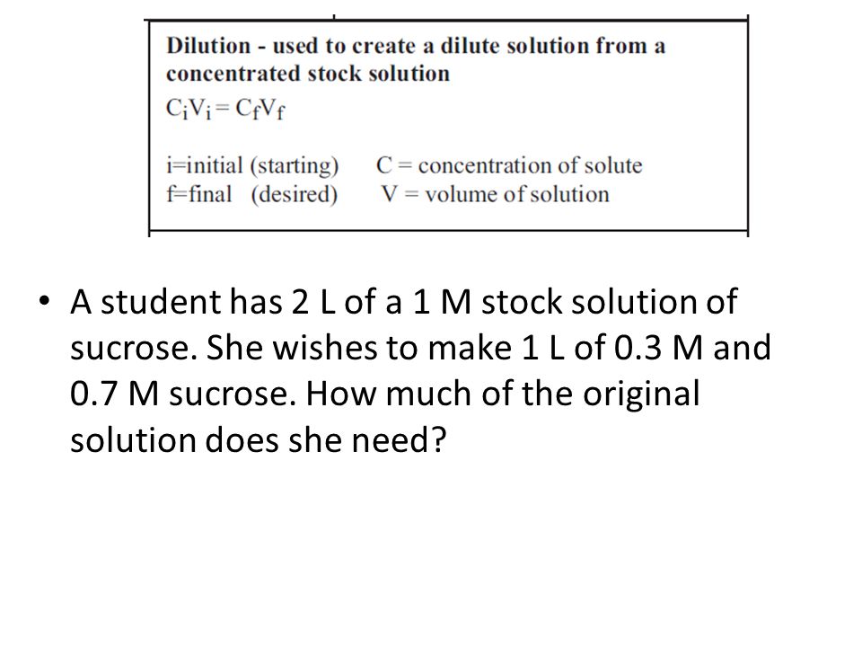 A student has 2 L of a 1 M stock solution of sucrose