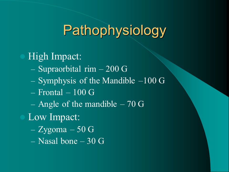 Pathophysiology High Impact: Low Impact: Supraorbital rim – 200 G