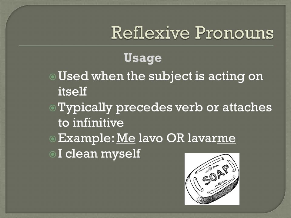 Reflexive Pronouns Usage Used when the subject is acting on itself