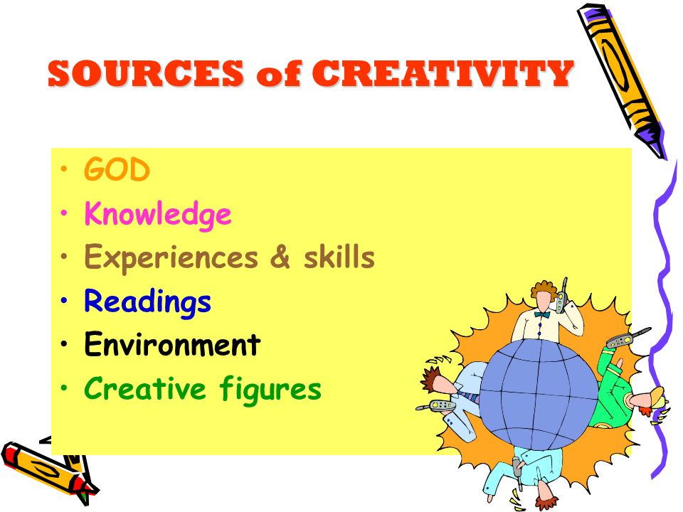 مصادر الإبداع الجاد  Sources of Serious Creativity  SOURCES+of+CREATIVITY+GOD+Knowledge+Experiences+%26+skills+Readings