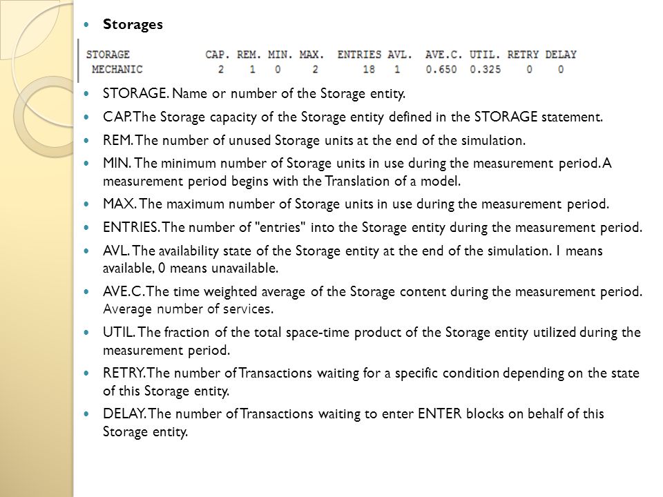 Storages STORAGE. Name or number of the Storage entity. CAP. The Storage capacity of the Storage entity defined in the STORAGE statement.