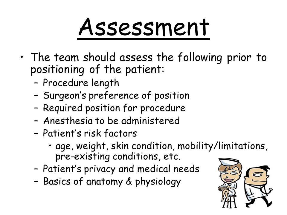 Assessment The team should assess the following prior to positioning of the patient: Procedure length.