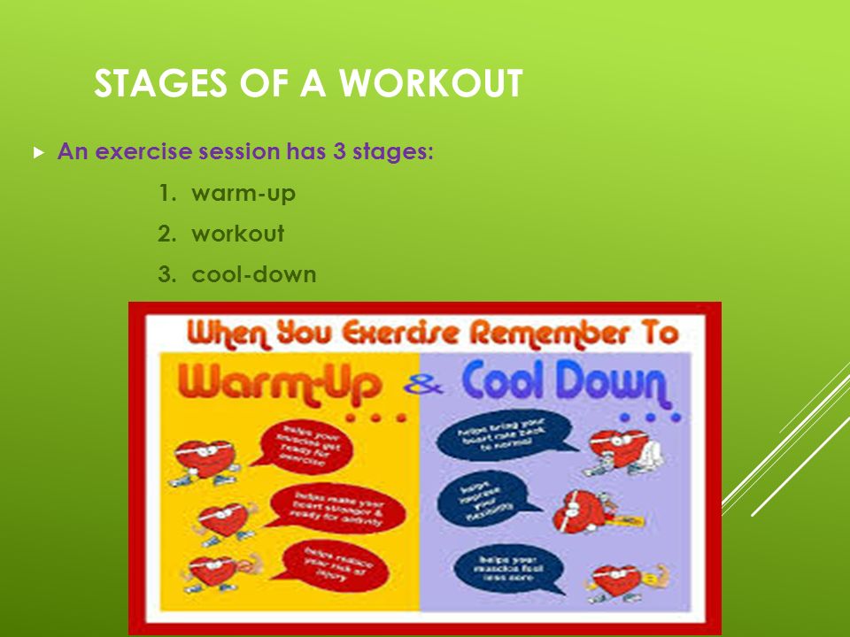 Stages of a Workout An exercise session has 3 stages: 1. warm-up