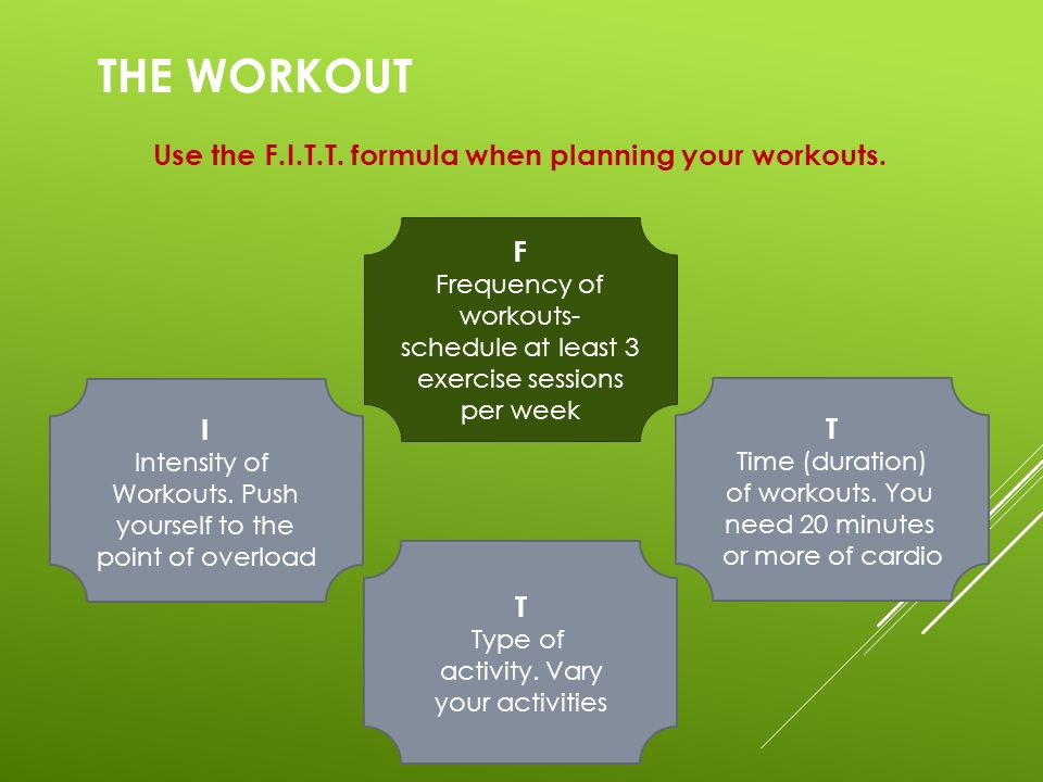 Use the F.I.T.T. formula when planning your workouts.