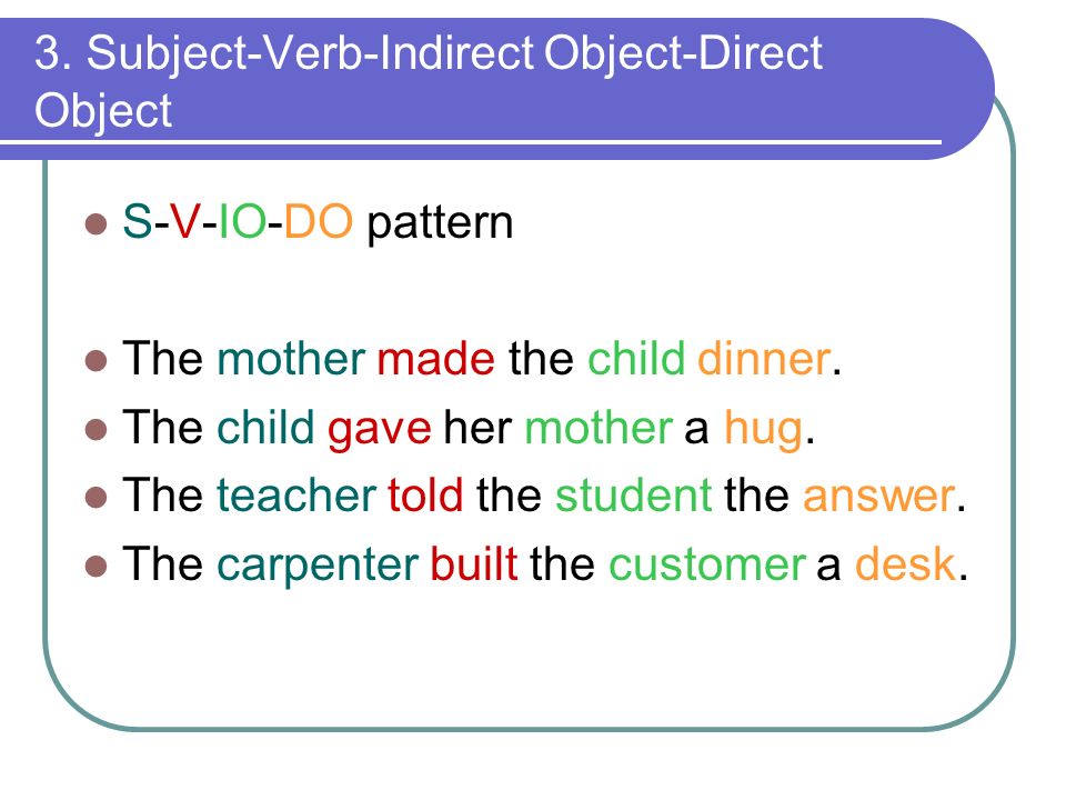 Написать subject. Subject verb object. Direct indirect object subject. Subject verb object pattern. Subject + verb + indirect object + direct object.