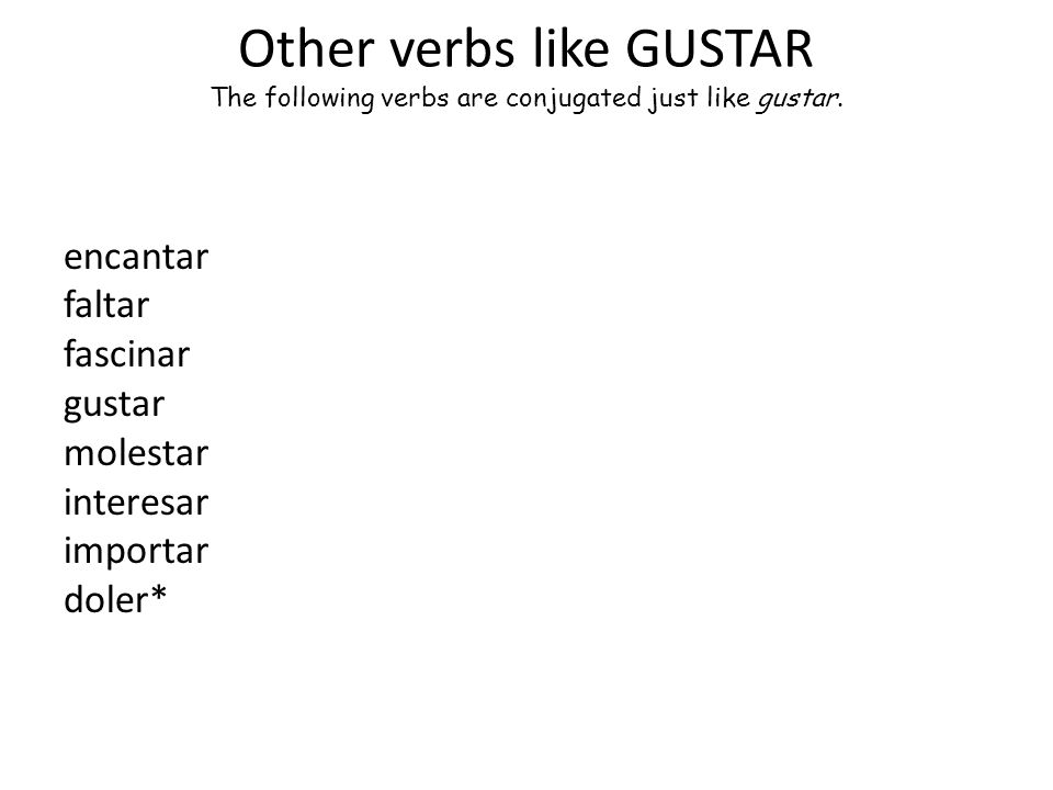 Other verbs like GUSTAR The following verbs are conjugated just like gustar.