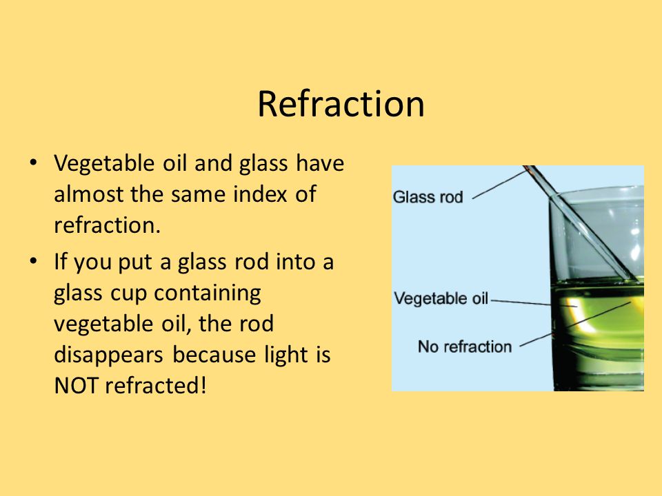 Refraction Vegetable oil and glass have almost the same index of refraction.